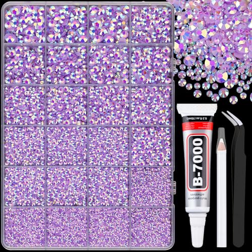Image of 25000Pcs Resin Rhinestones for Crafting, Lavender Purple AB 2-6mm Mixed Sizes Non Hotfix Flatback Gems with 1Pcs Glue, Bedazzling Crystal for DIY Craft Clothing Mugs Tumblers Shoes Decor Nail Art