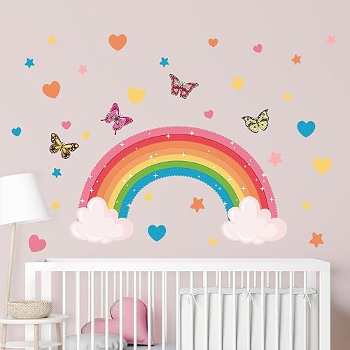 Calcomanías de pared de arco iris en nubes, coloridas mariposas arco iris, corazones, estrellas, calcomanías de pared extraíbles, creativas,