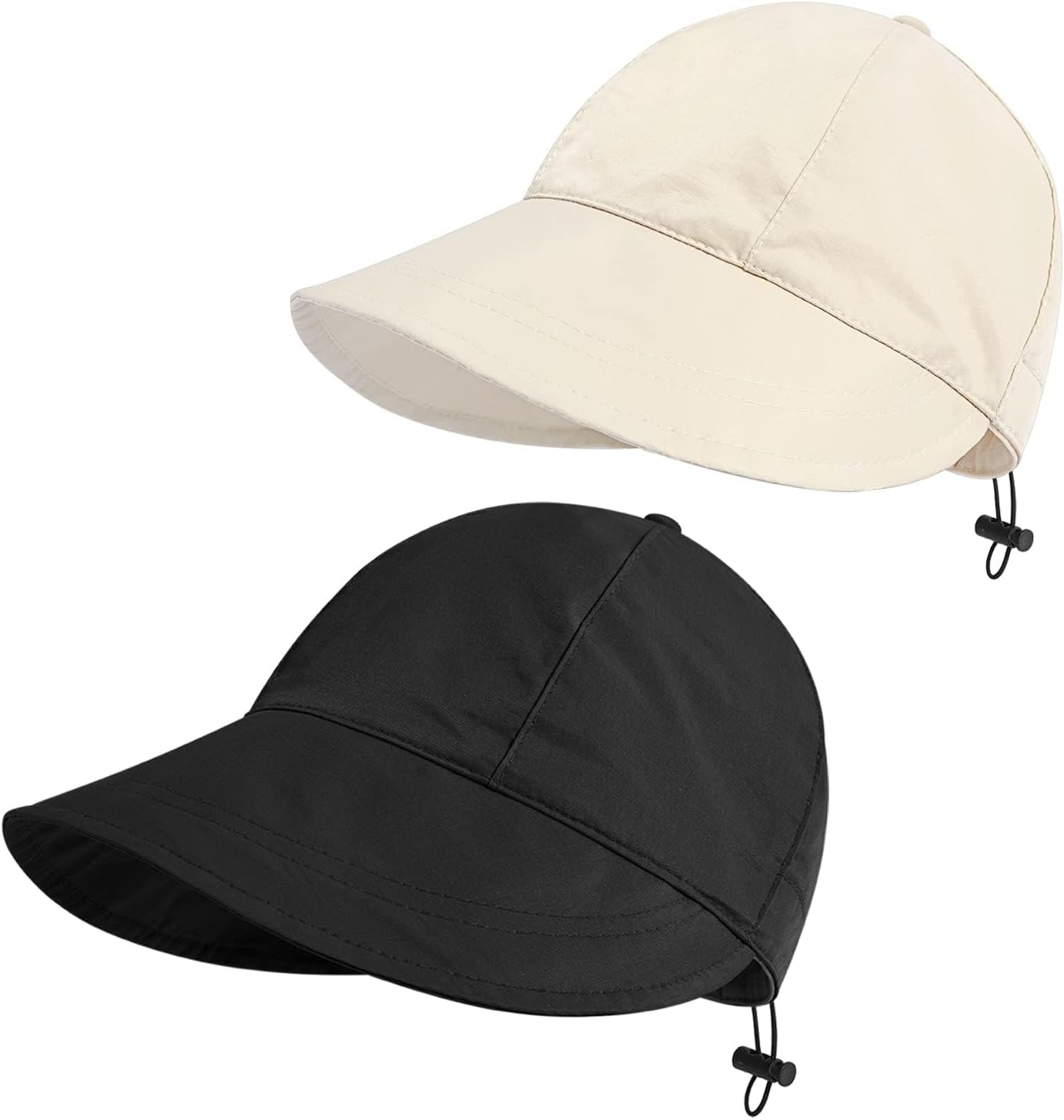 NALACAL 2PCS Sun Protection Drawstring Peaked Hat for Women, Sun Hats Summer Beach Sun Hat for Women Wide Brim Visor Fedora Cap UPF50+, Circumference 22-23.2in, Visor Wide 3.54in (White and Black)