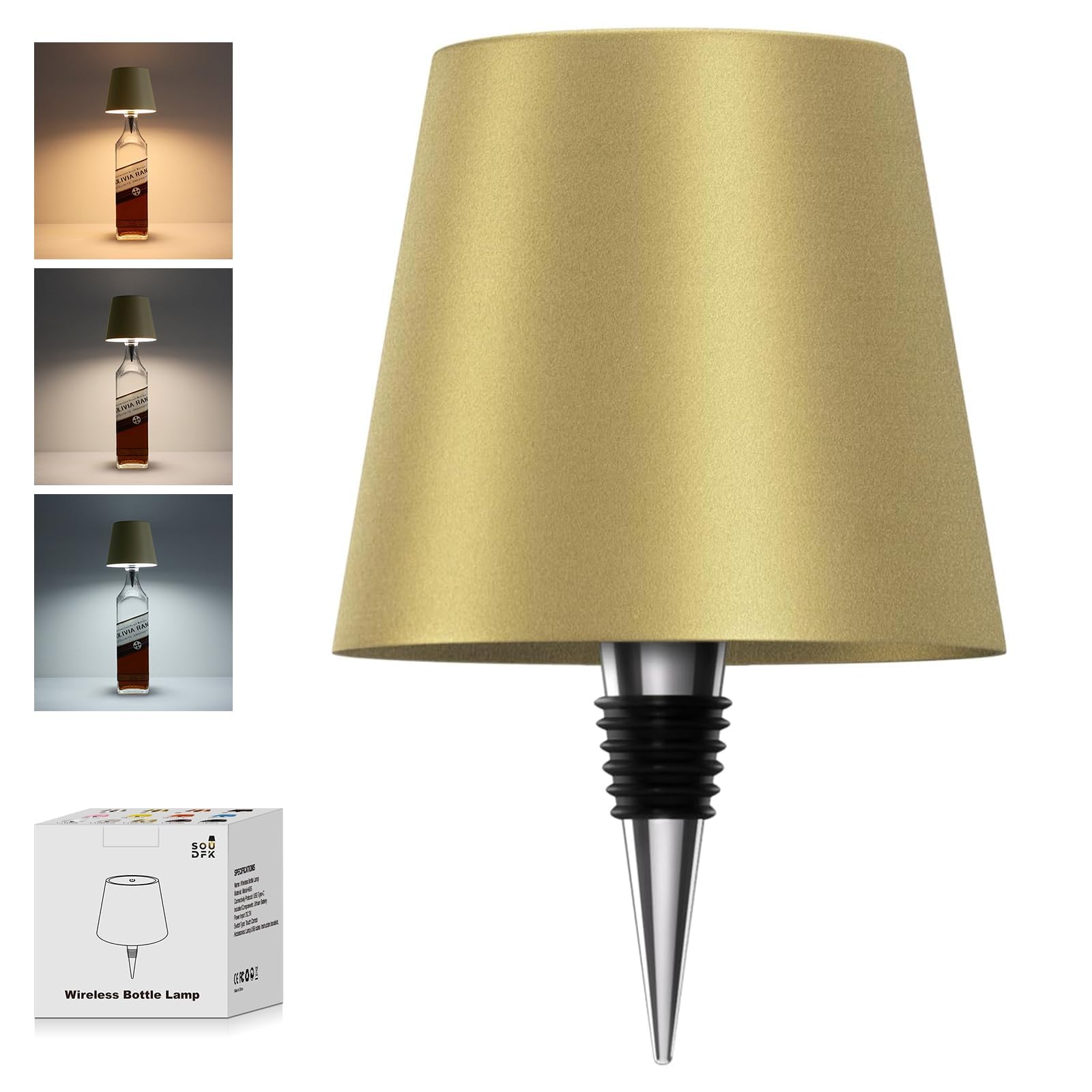 Lámpara inalámbrica para colocar sobre botella, 3 colores, recargable, para botella de vino, iluminación para bares y restaurantes, color oro (Placer Gold), una unidad