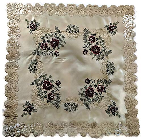 Doily BoutiqueTablecloth or Table Topper Square with a Red Burgundy Rose on Ivory Fabric, Size 34 inches