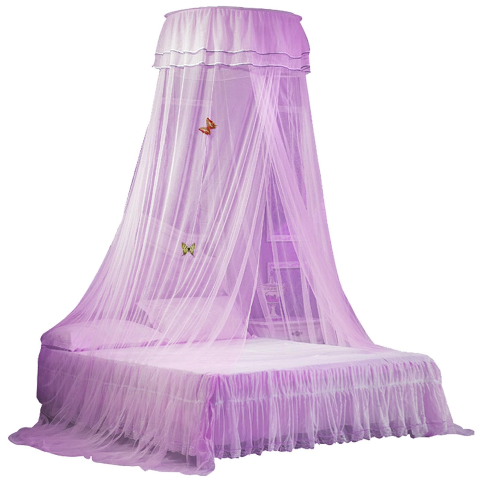 Universal Dome Bed Canopy Elegant Lace Curtain Princess Style Bedroom Decoration Easy Installation White (Purple) — image 1
