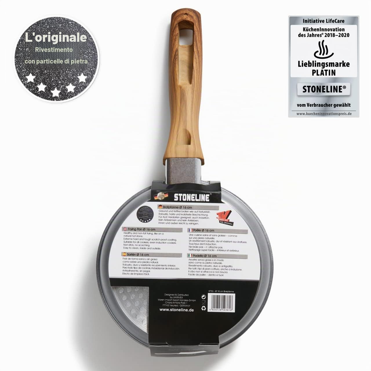 STONELINE “Back to Nature” - Padella antiaderente con vere particelle di pietra, 16 cm, adatta a tutti i piani cottura inclusi quelli ad induzione, cottura senza grassi