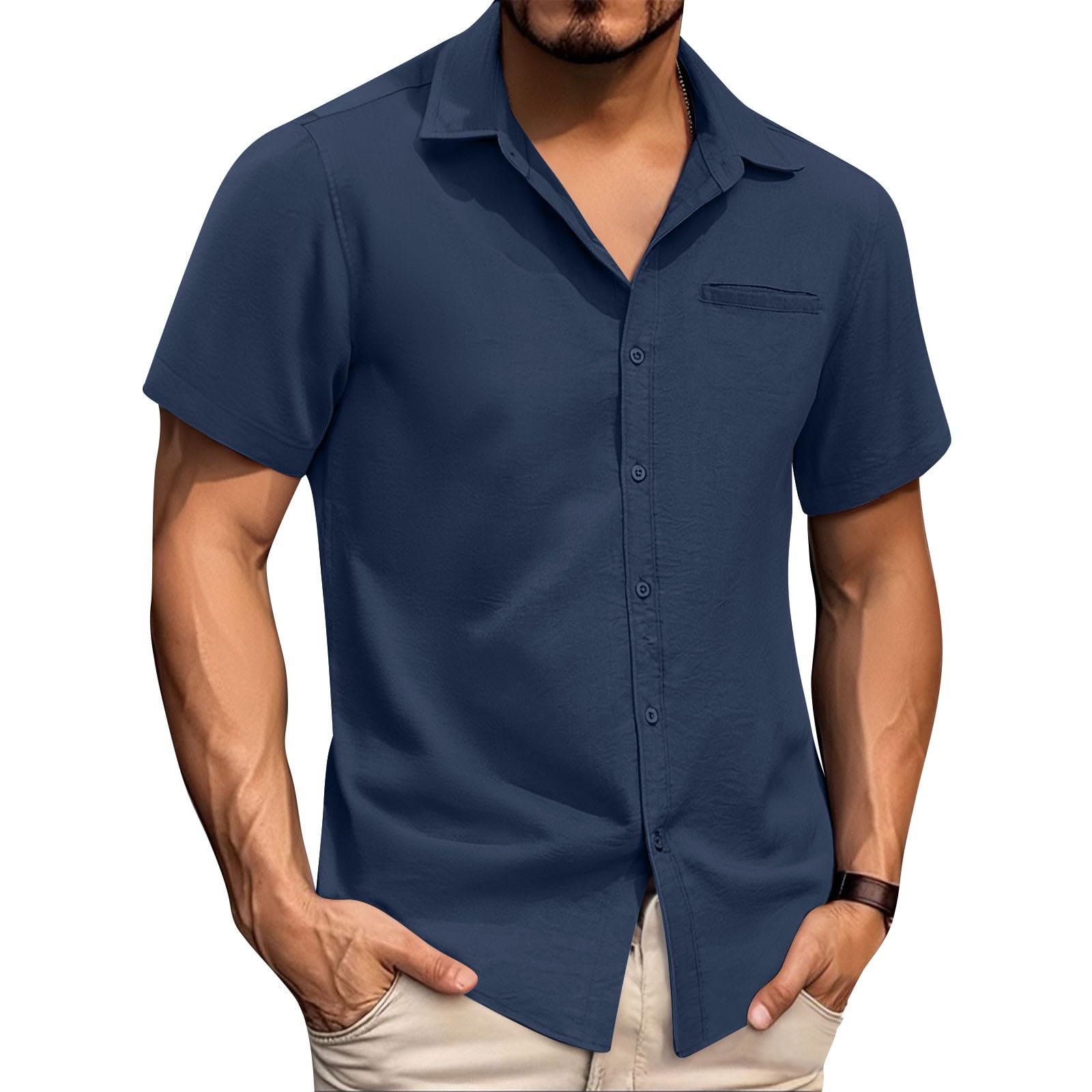 Linen Shirts for Men Retro Collared Short Sleeve Button Down Shirt Lightweight Cool Golf Workout Tshirts with Pockets