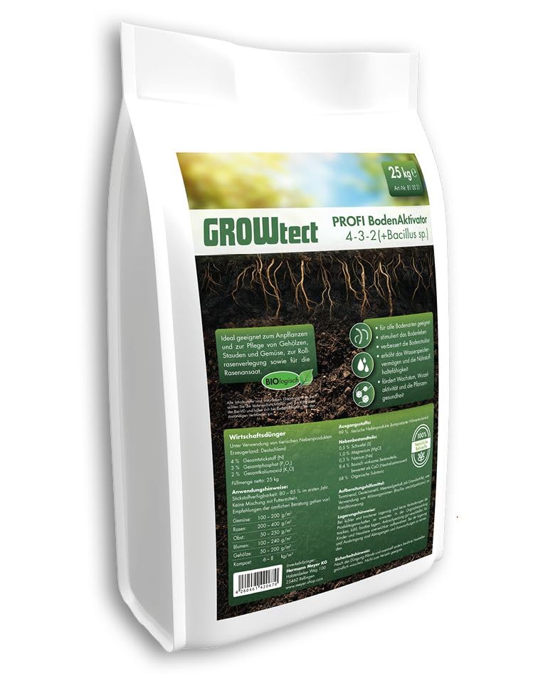 GROWtect PROFI Bodenaktivator 25kg – Organischer Dünger 4-3-2 mit Bacillus sp., Urgesteinsmehl & Meeresalgenkalk – Bodenverbesserer für Galabau und Profi-Gartenbau – Fördert Humusbildung & Bodenleben