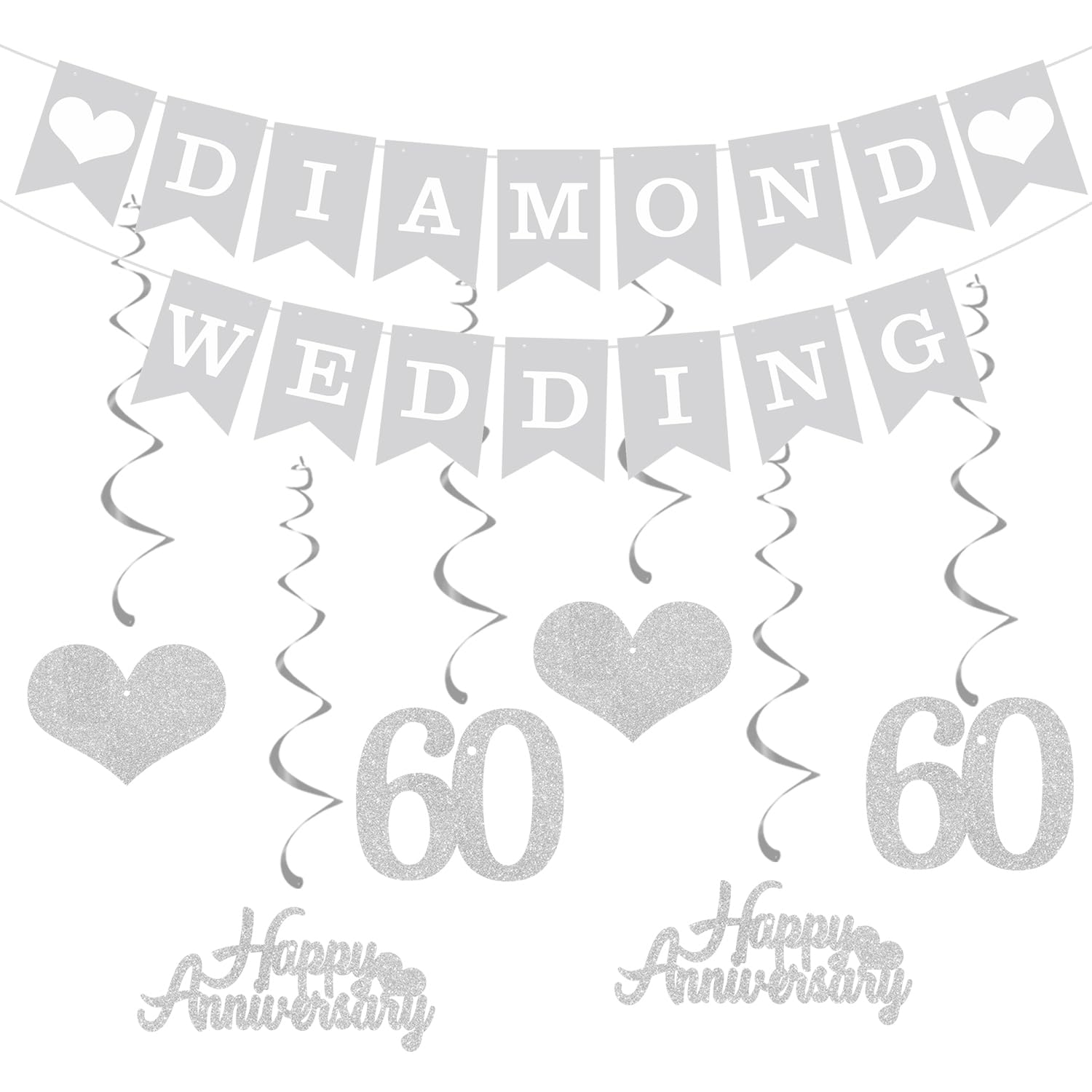 Elicola Decoración de 60 aniversario, pancarta de boda de diamantes para colgar, remolinos de feliz 60 aniversario, telón de fondo para decoraciones de fiesta