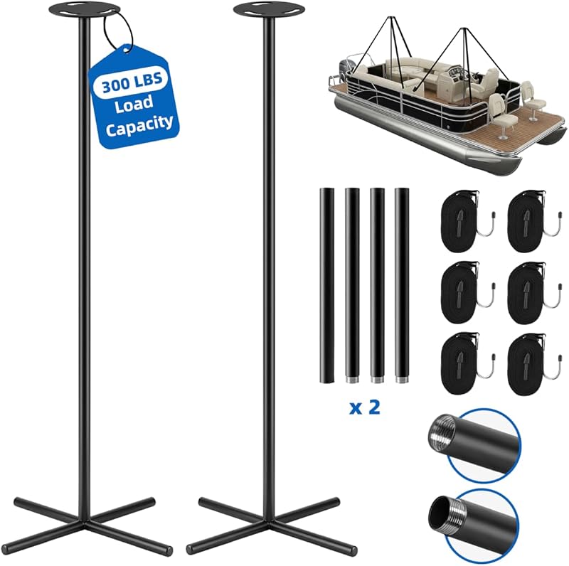 Boat Cover Support Poles, Heavy Duty 25"-62" Sectional Adjustable (2 Pack) | 27.5" Metal Cross Base, Steel Mushroom Head, 300lb Capacity, 6 Reinforced Webbing Straps, For Pontoon/V-Hull/Jon Boats