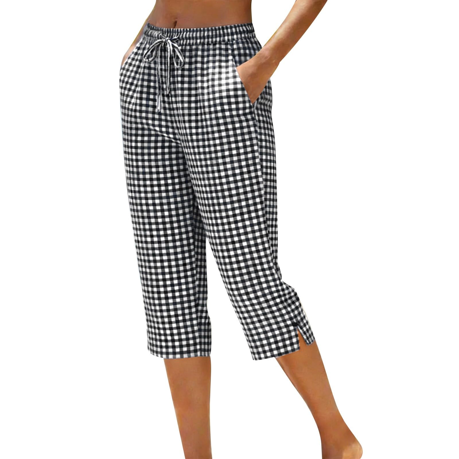 LRMQS Cotton Capri Pants for Women Loose Fit Straight Leg Drawstring Elastic Waist Cropped Pant Casual Summer Linen Clothes — view 13