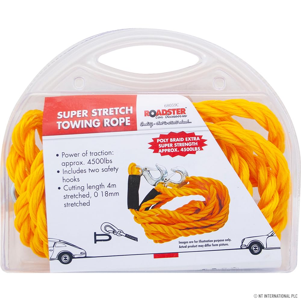 Zale Yardley Yellow Super Stretch Towing Rope 4500Lbs - Poly Braid Extra Super Strength, Two Carabiner Safety Hooks, 4M Cutting Length