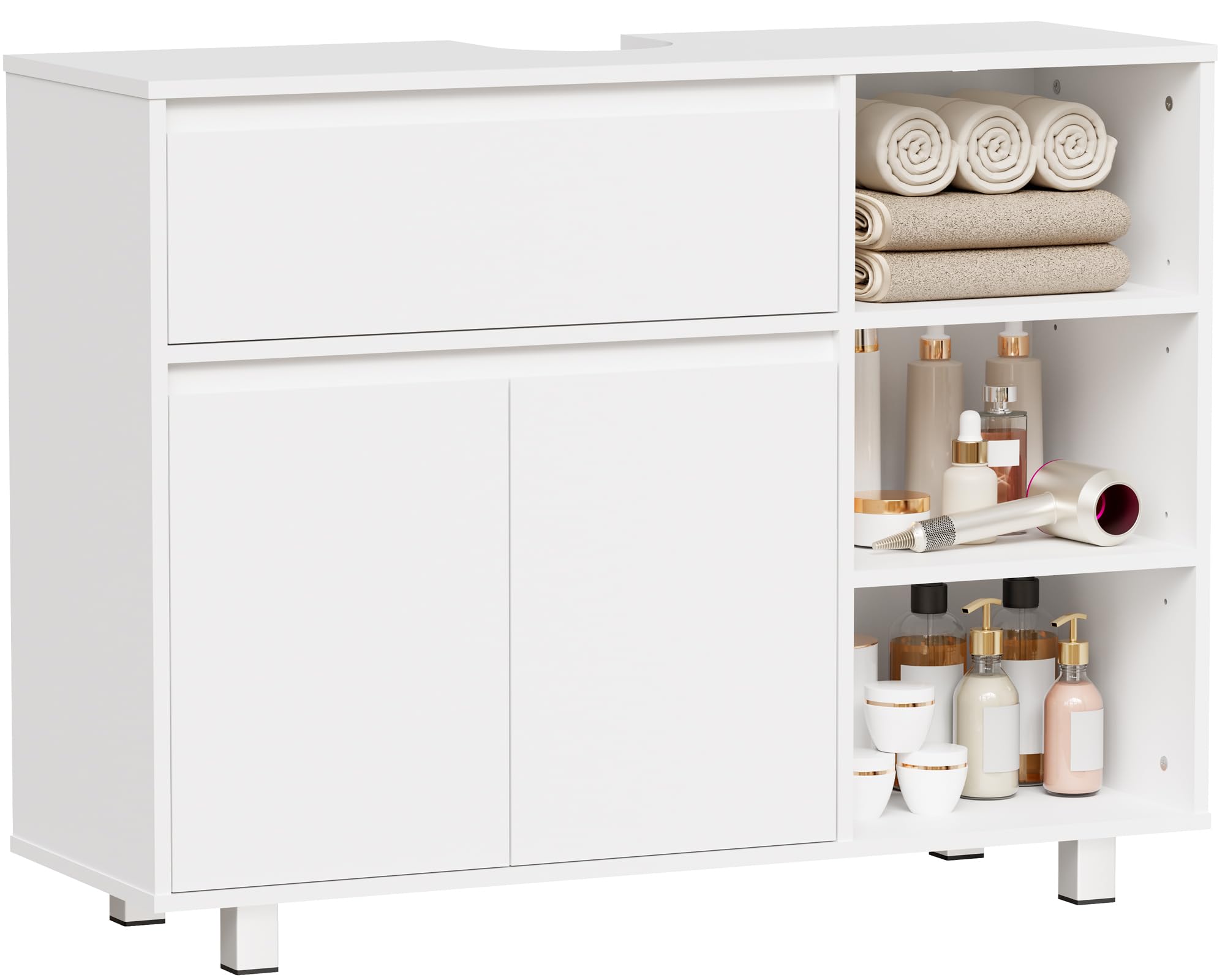 ANWBROAD Mueble Bajo Lavabo,Mueble Baño Auxiliar Armario Baño 64.5x30x90cm | Compartimento de Almacenamiento Oculto, 2 Puertas, 3 Estantes Abiertos Ajustables, Mueble bajo Lavabo con Patas Blanco