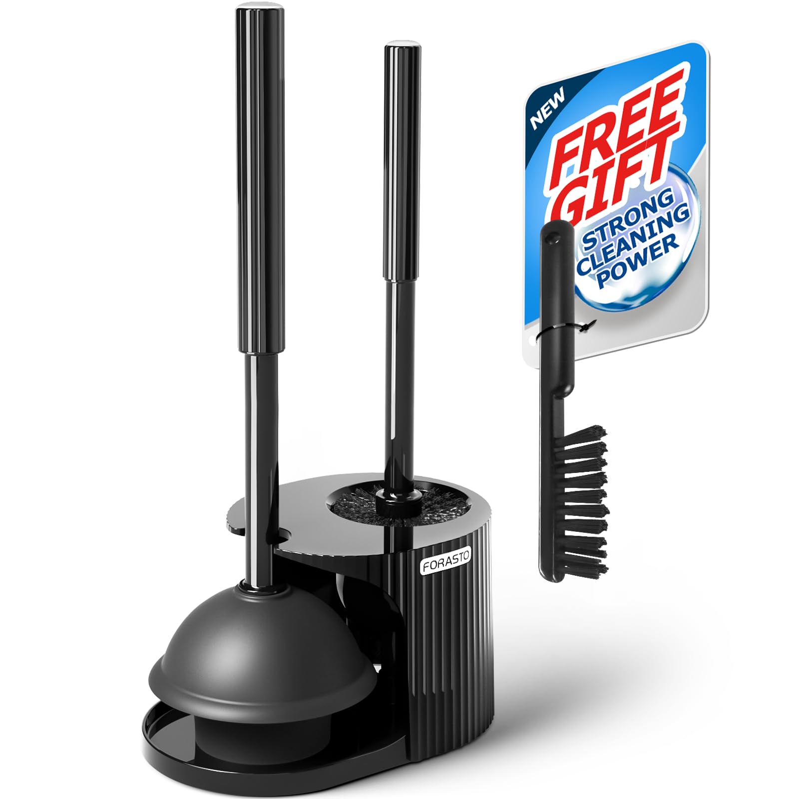 FORASTO 2 in 1 Toilet Plunger and Brush Set, Toilet Bowl Cleaning Combo, Groove Gap Brush, Black