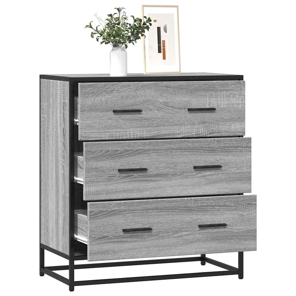 Aparador industrial Sonoma gris de madera y metal, 68 x 35 x 76 cm, con 3 cajones, para salón, cocina, pasillo, diseño moderno, estable y duradero