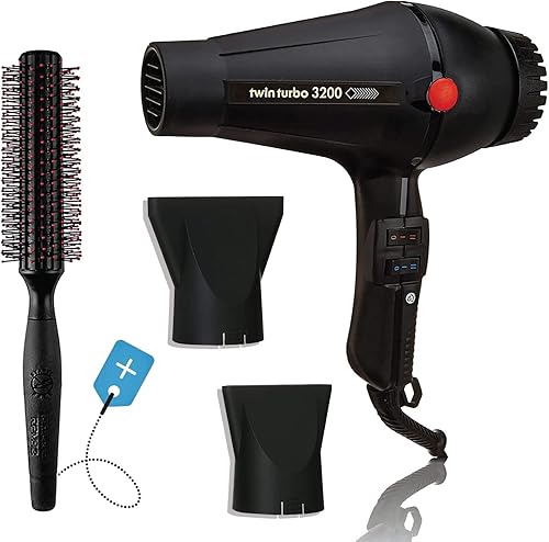 Turbo Power 3200 Black Twin Turbo - Secador de pelo con cepillo de pelo RPM 12 para cabello suave, sedoso