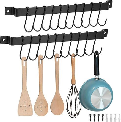 Miniatura 1 de QWORK Paquete de 2 soportes para utensilios de cocina, riel con 10 ganchos, organizador multiusos montado en la pared para utensilios, utensilios de