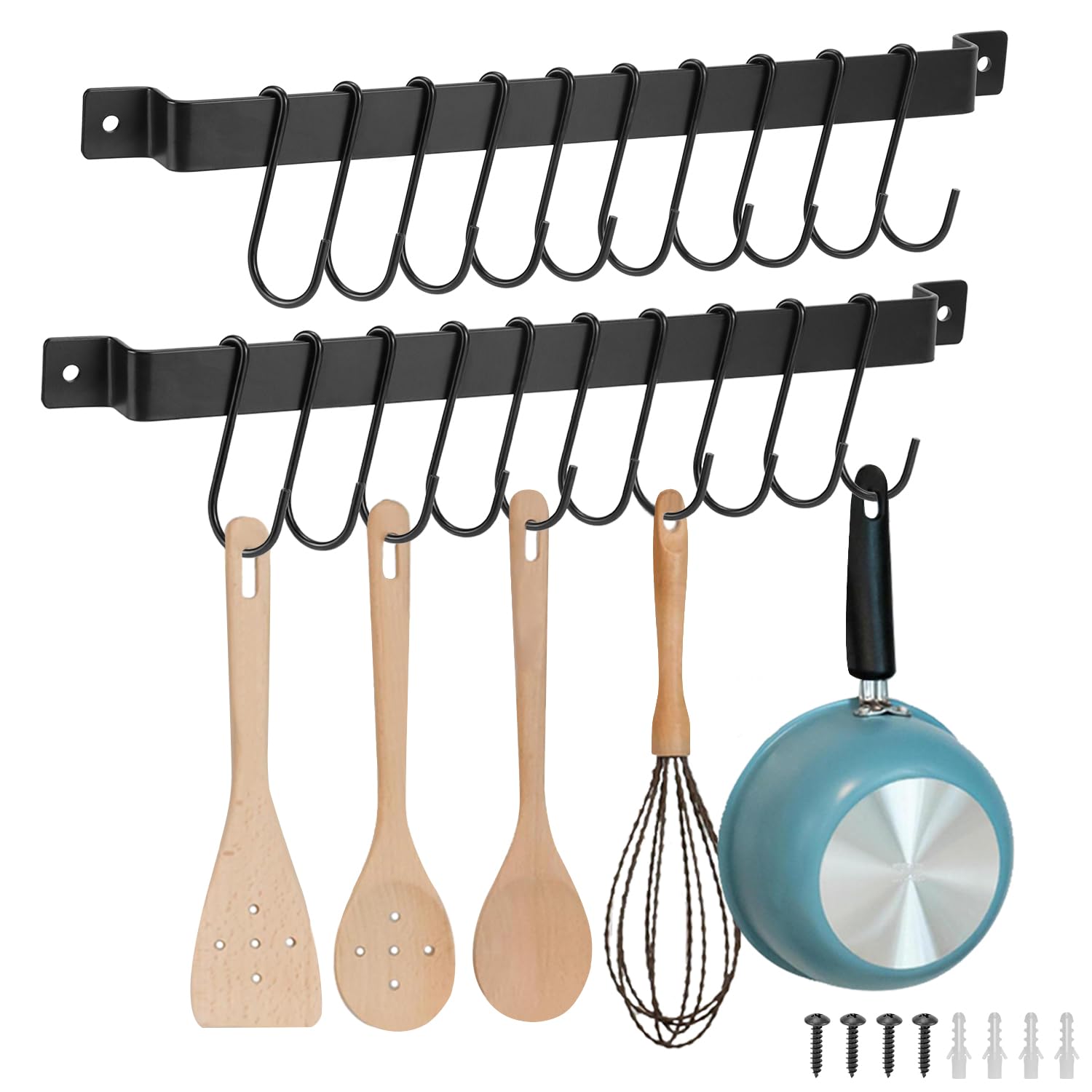 QWORK 2 Pack Kitchen Hanging Utensil Holder Rack,Rail with 10 Hooks - Wall Mounted Multi-Purpose Organizer for Utensils, Cookware, Coffee Mugs