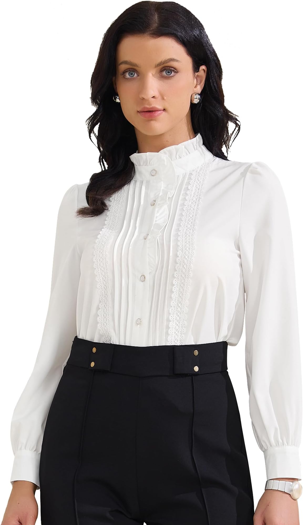 Women's Ruffled Button Down Shirts Trendy Casual Long Sleeve Blouse Elegant Work Tops