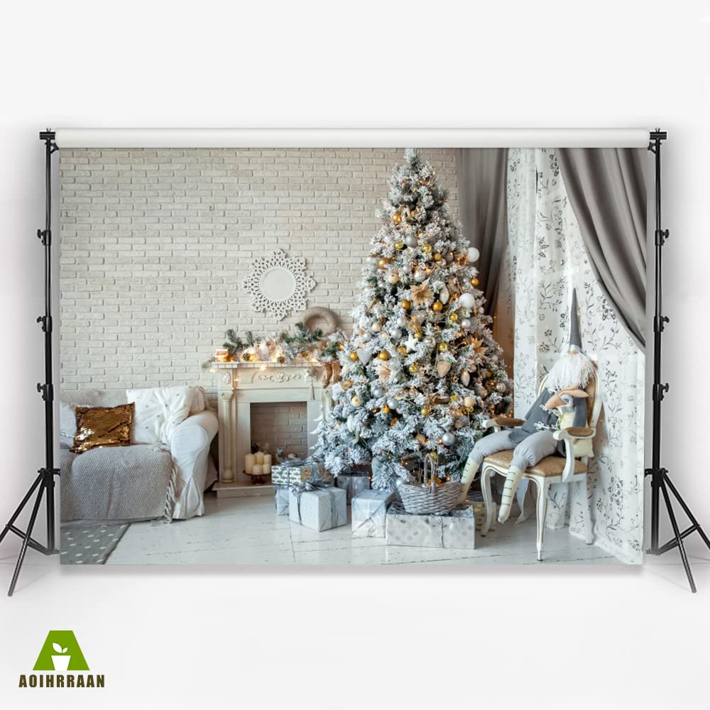 Fondo De Vinilo Navideño De 3x2.5m Con Chimenea Y árbol, Guirnalda Dorada, Ideal Para Fotos Familiares