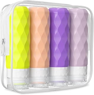 Travel Bottles Leak Proof, Tsa Approved 3oz Silicone Travel Size Bottles, BPA Free Refillable Travel Containers Sets for Shampoo Conditioner with Clear Toiletry Bag (4 Pack)
