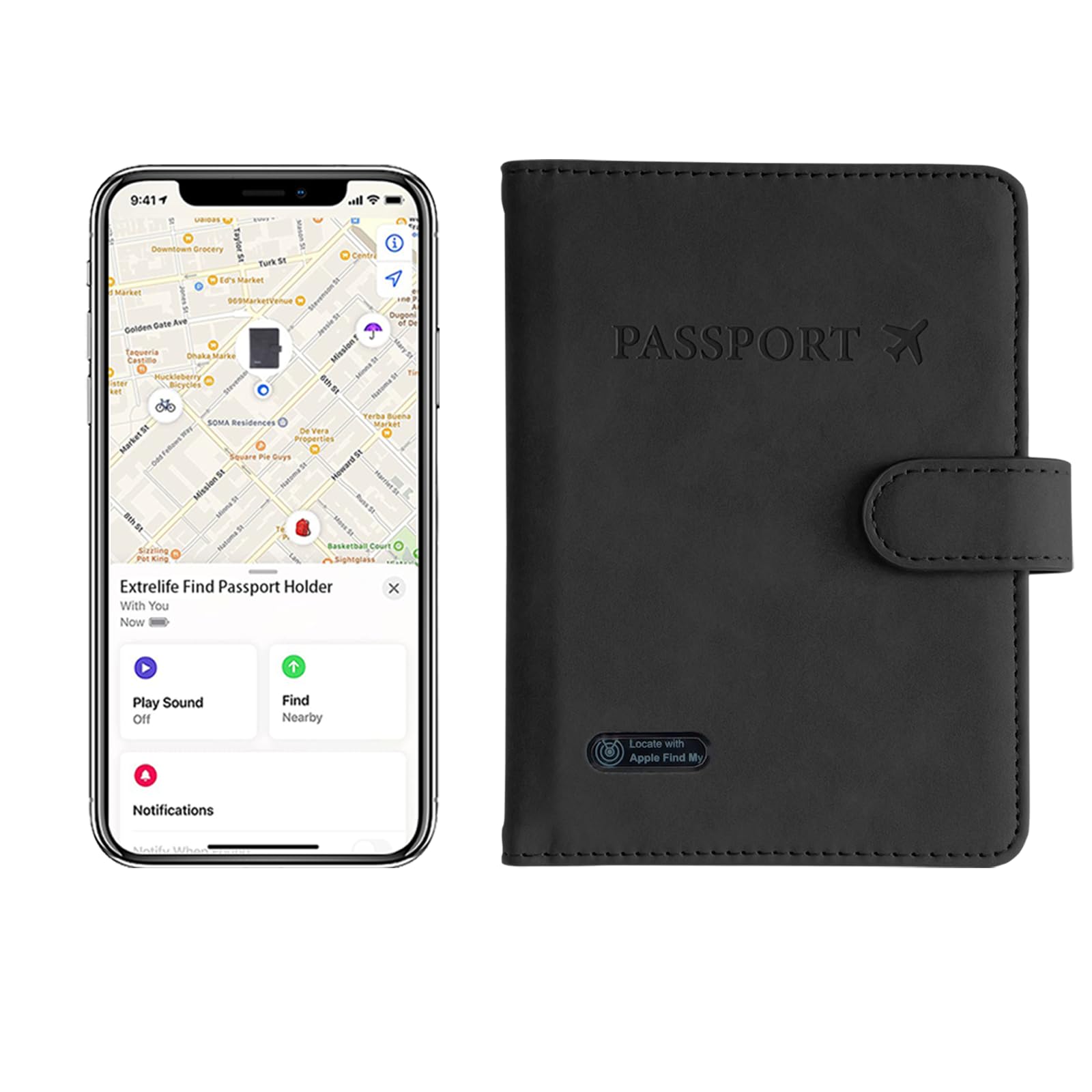 Rich&Ray Wireless Charging Smart Tracker Card Rechargeable IP68, Key Finder Item Tracker Thin Card (Certified by MFI), Passport Holder with Tracker Card (Black-Smart Card with Passport Holder)