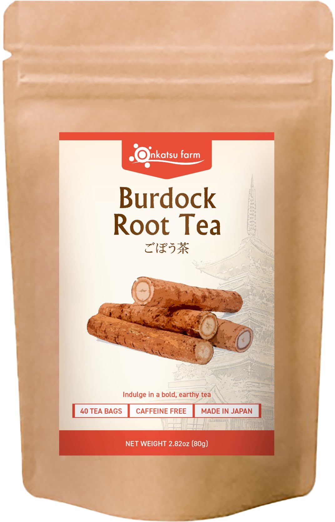 Onkatsu Farm Burdock Root Premium Japanese Tea Bags, Bold Earthy Flavor, Hot or Iced, Caffeine Free, 40 Total Tea Bags