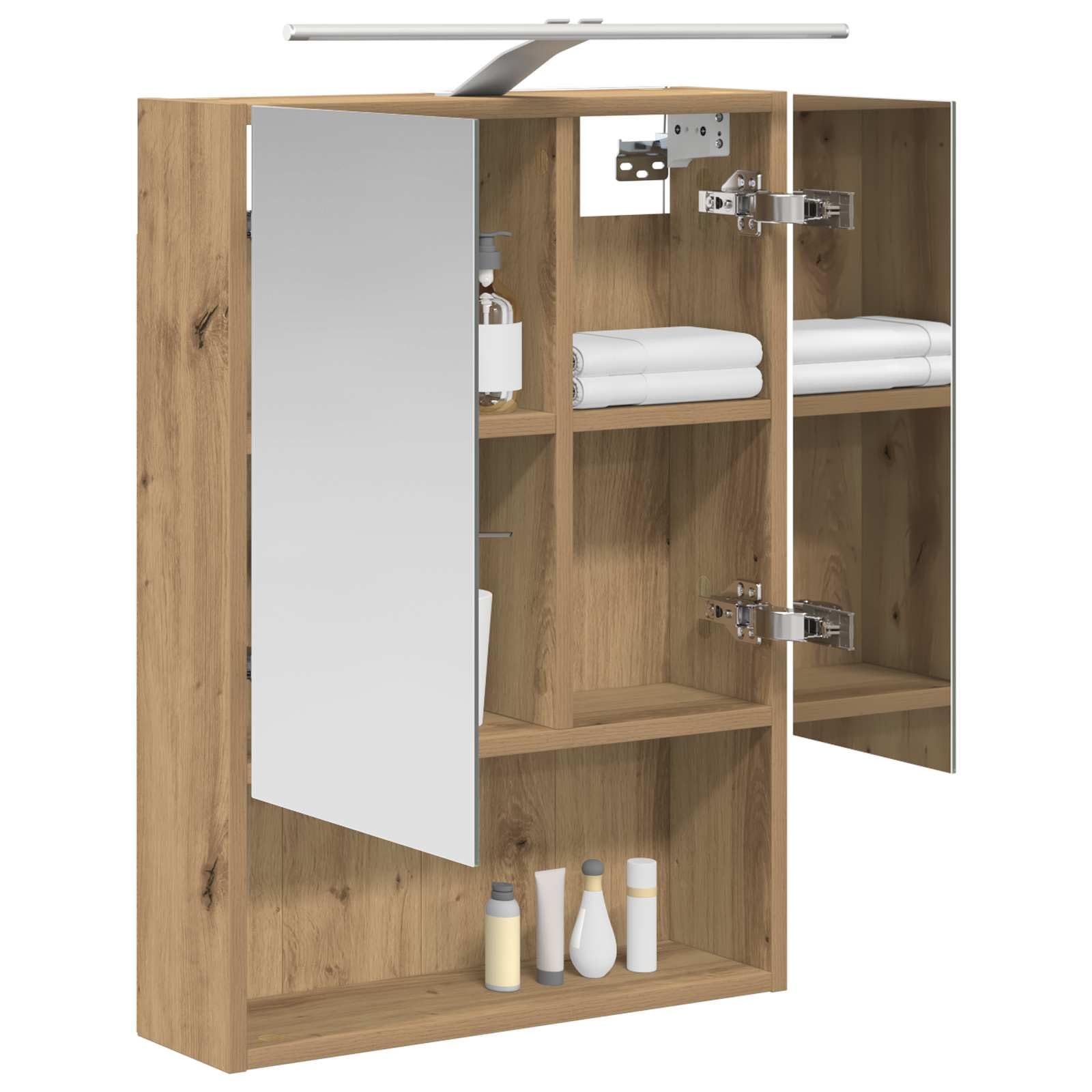 Szafka łazienkowa z lustrem, rzemiosło artystyczne, dąb, materiał drewnopochodny, 50 x 14,5 x 70 cm, z 2 półkami, paski LED, źródło zasilania USB, obustronne lustro montowane na ścianie, do