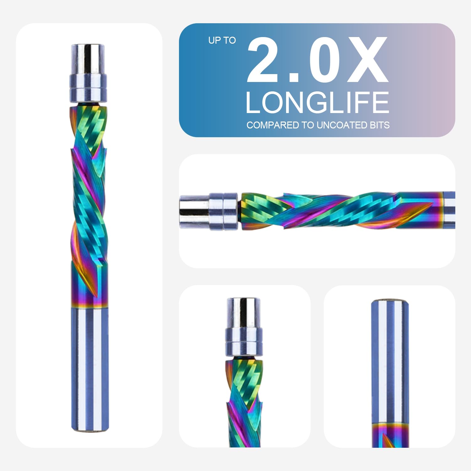 SpeTool Bündigfräser 8mm Schaft Spiralnutfräser Extra Lang Kopierfräser für Oberfräse Up&Down Kompressions 32mm Schnittlänge DLC Beschichtung VHM doppeltem Kugellager Unten zum Holzbearbeitung