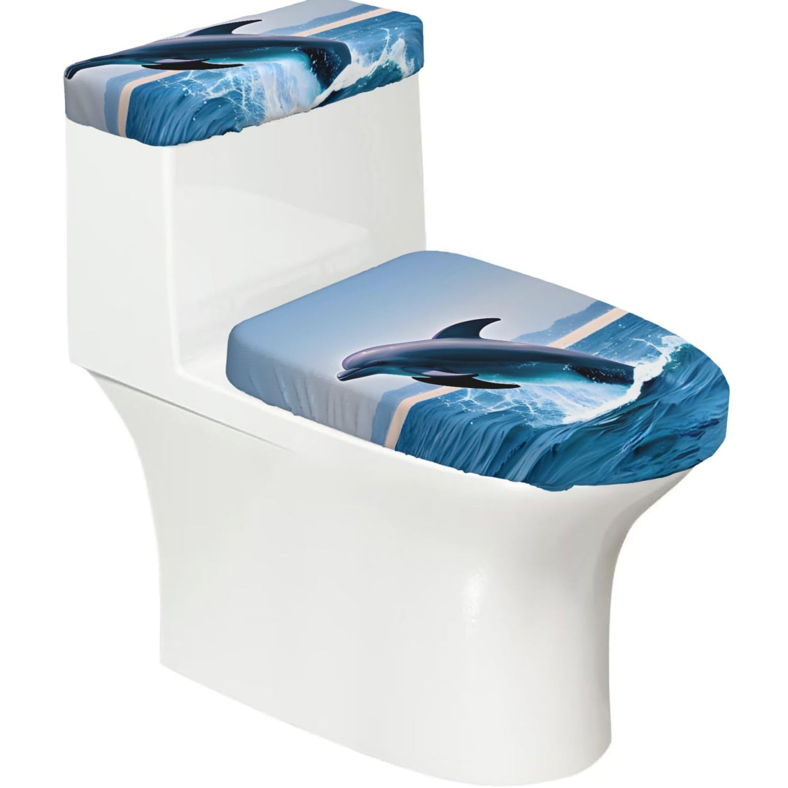 Jumping up Dolphins 2-Piece Toilet Seat Cover Set with Tank Lid - Elastic for U-Shape & Elongated - Bathroom Decor