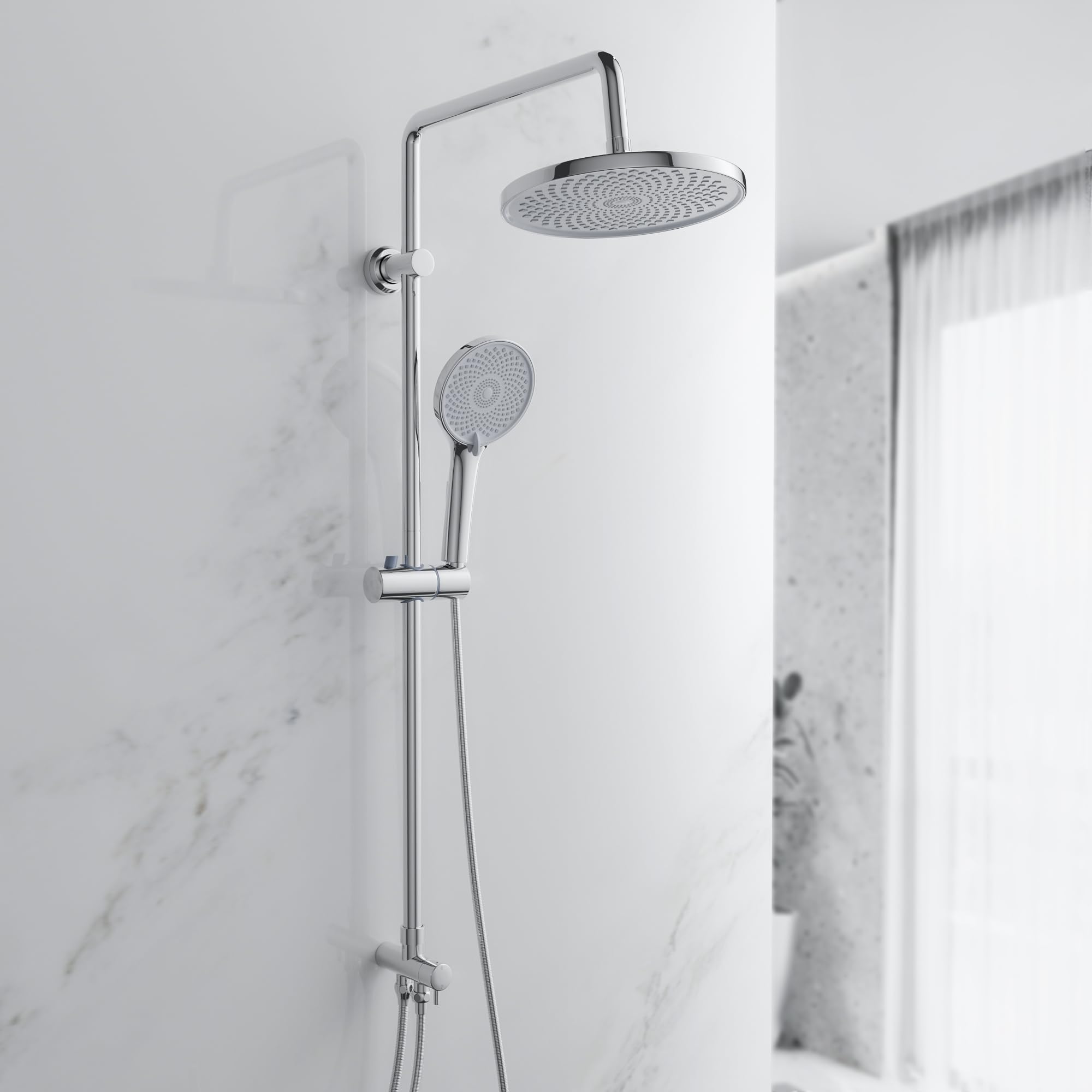 Morado Silver Shower Riser Rail Kit With Round Overhead Rainfall Shower Head,Adjustable Handheld Shower With Rotating Bracket,Without Shower Mixer Included,Chrome