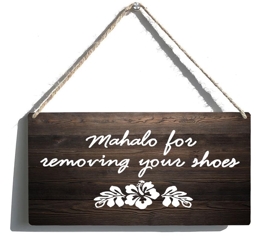 FOSHINWood Plaque Mahalo Remove Shoes Sign Remove Shoes Sign No Shoes Signs Wood Hanging Door Sign Outdoor Wooden Front Door Decorations For Farmhouse Porch Front Door Decoration 12 X 6 Inch