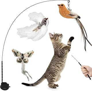 Cat Feather Toys, Cat Wand Toy with Powerful Suction Cup Detachable, 1 PCS Cat Wand Toy and 3 PCS Feather Replacements with Bell, Interactive Cat Toy Kitten Toys for Play Chase Exercise Indoor