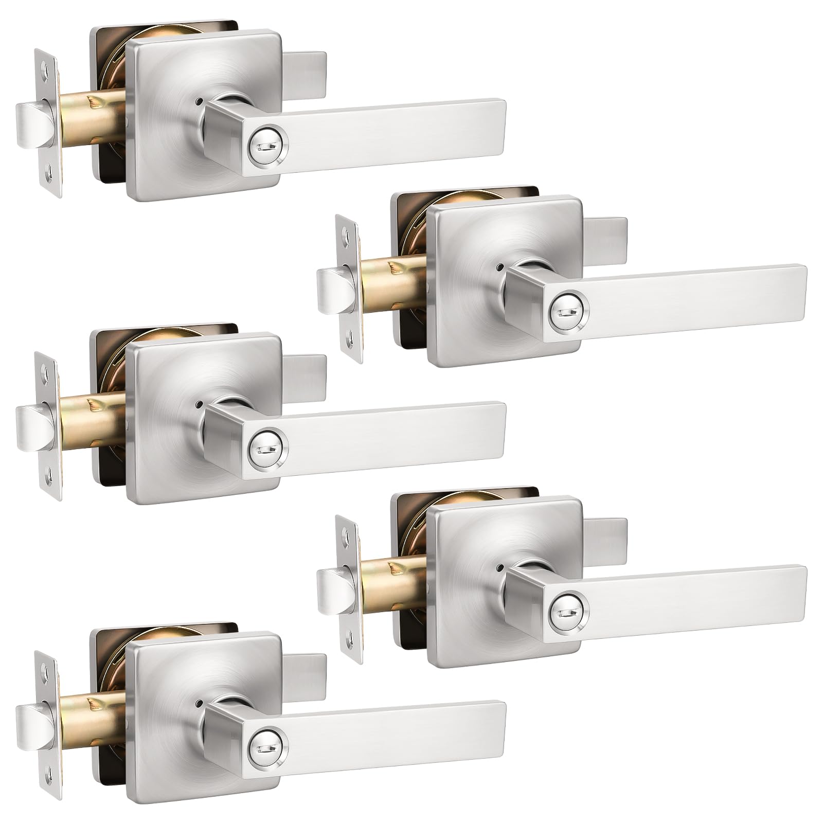 GOBEKOR Brushed Nickel Square Privacy Door Lever – Interior Bedroom/Bathroom Lock, Reversible Left/Right Hand, Fits 35-45mm Doors