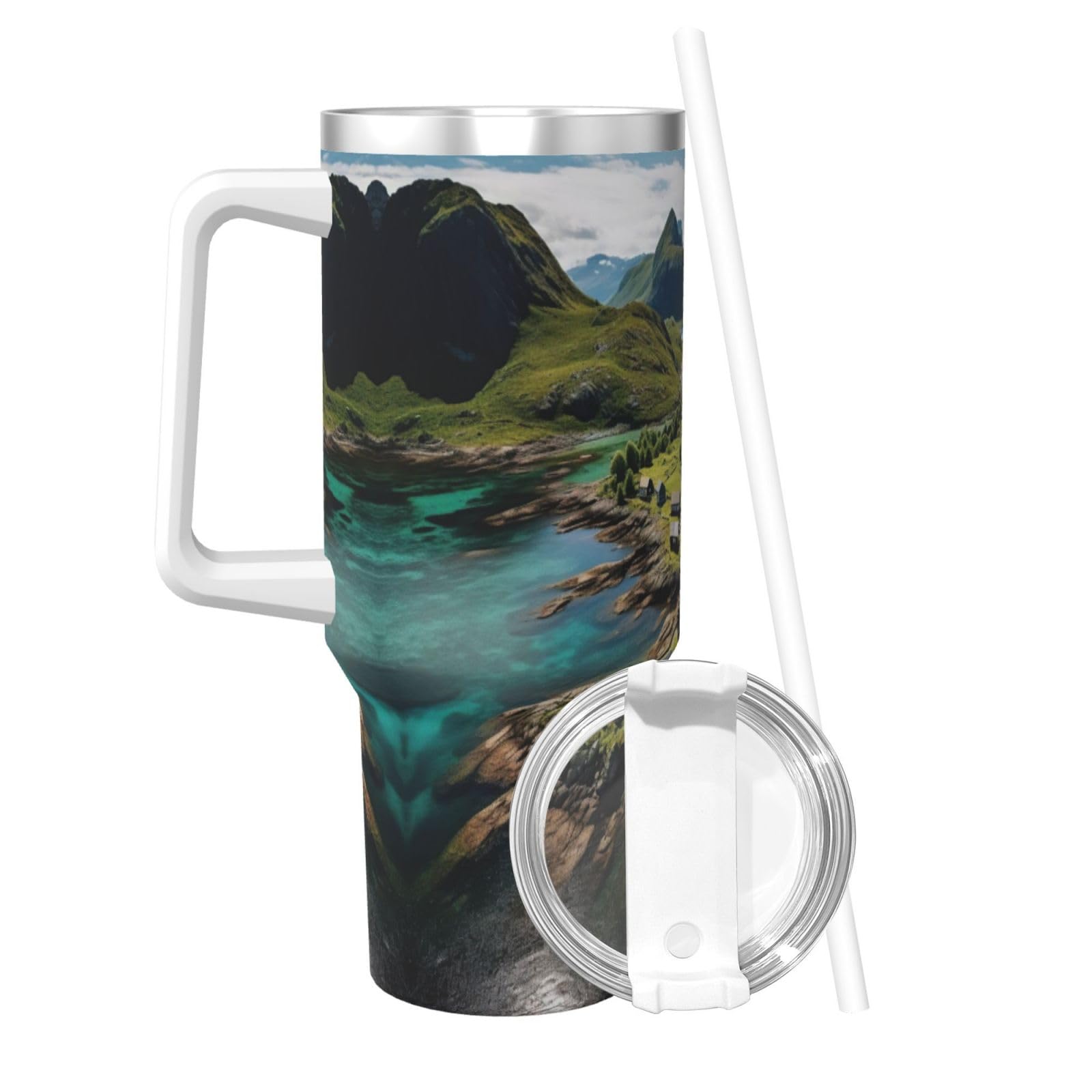 Norway Islands Ice Bully Doppelwandige isolierte Wasserflasche mit Griff und Strohhalm-Deckel, 1,2 l