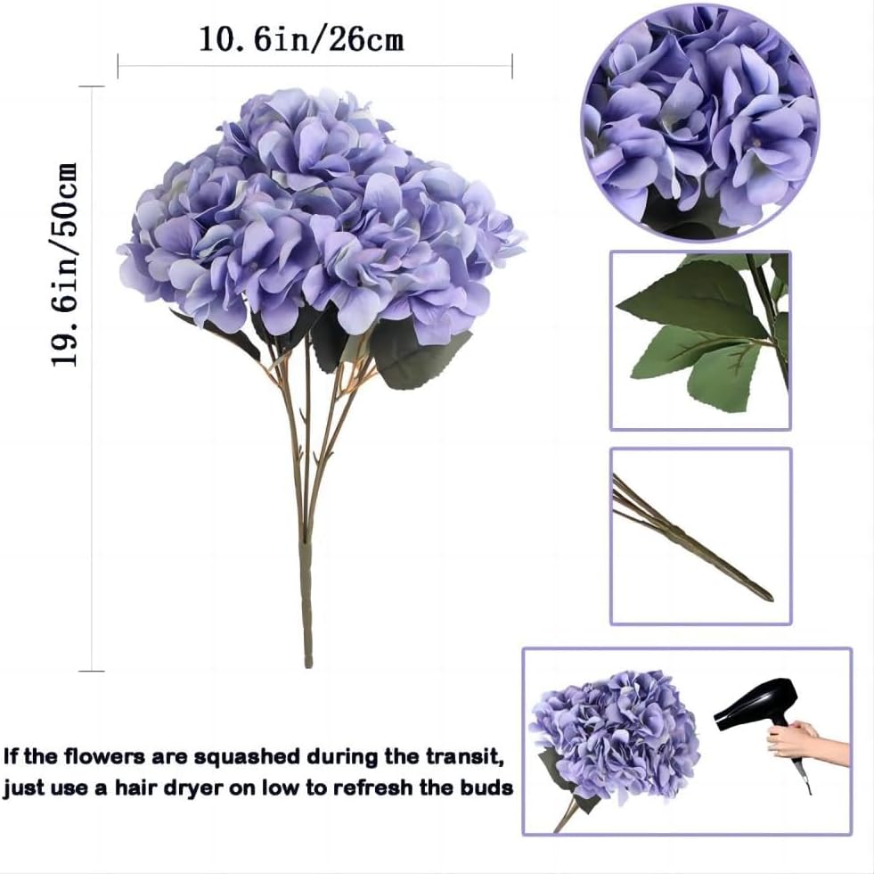2Bouquets Artificial Fake Flowers Silk Hydrangea Arrangements Wedding Bouquets Decorations Plastic Floral Home Kitchen Garden Party Festival Bar DIY (Purple) - Image 2