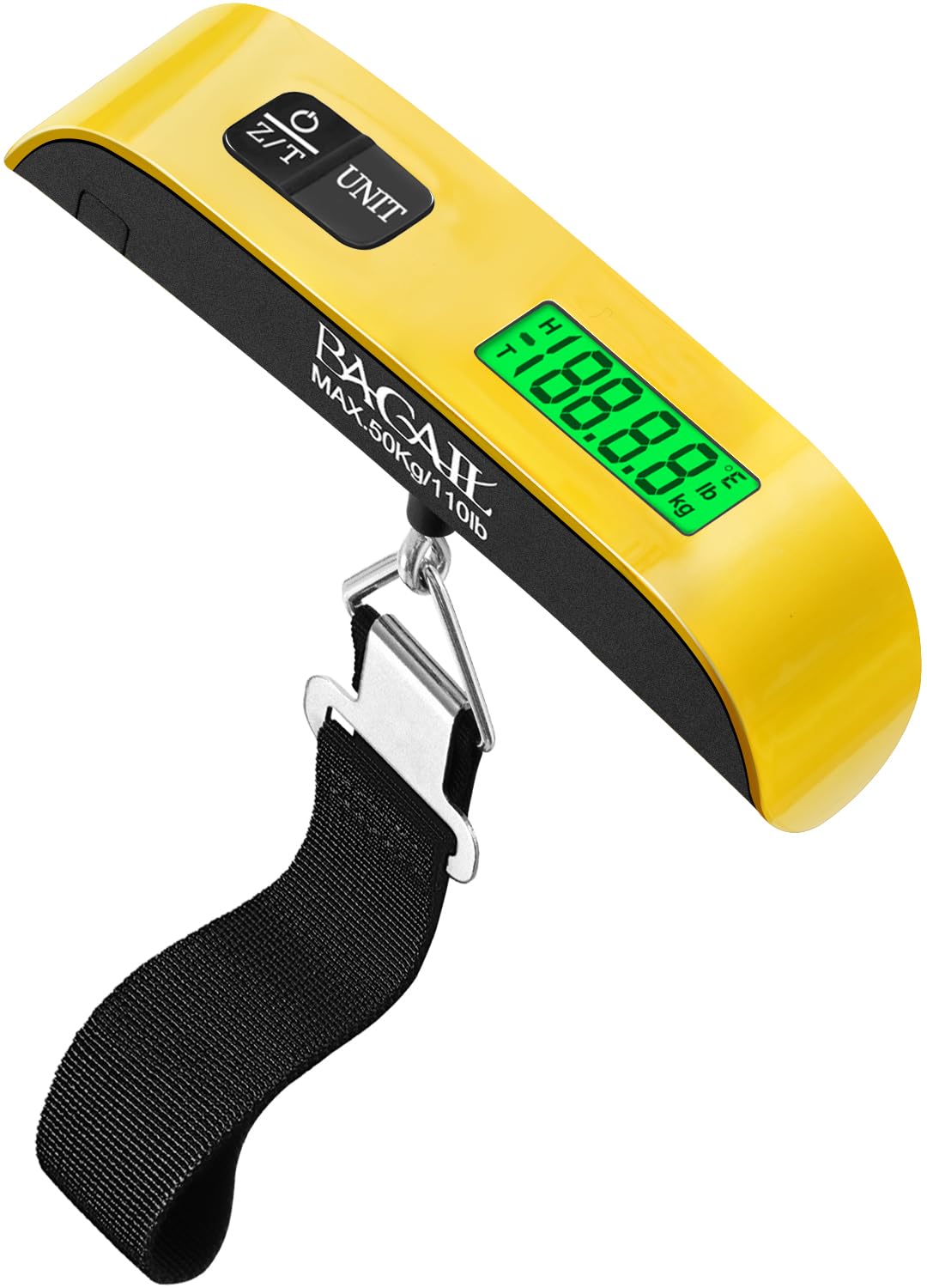 BAGAIL Digital Luggage Scale, 110lbs Hanging Baggage Scale with Backlit LCD Display, Portable Suitcase Weighing Scale, Travel Luggage Weight Scale with Hook, Strong Straps for Travelers, Yellow with