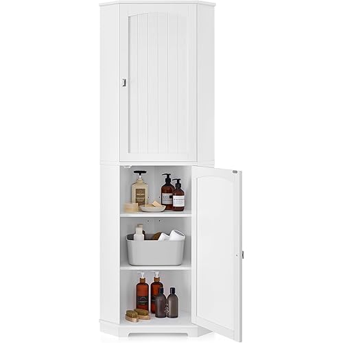 VASAGLE Corner Cabinet, Tall Corner Storage Cabinet with 2 Doors and 4 Adjustable Shelves, for Bathroom Kitchen Living Room, Modern Farmhouse Design, White UBBC541P31