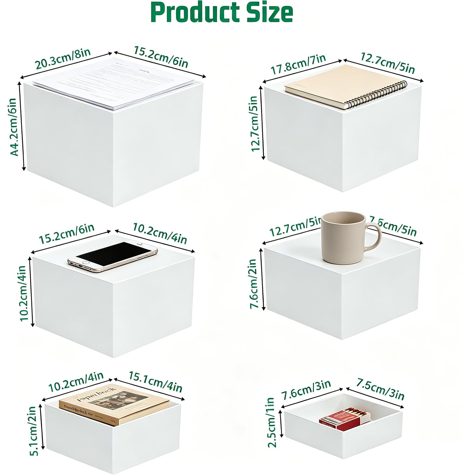 JAOGAUS Lot de 6 présentoirs de buffet en acrylique blanc avec fond creux, 3" 4" 5" 6" 7" 8" pour table de buffet, mariage, table de buffet, fête, objets de collection et bijoux