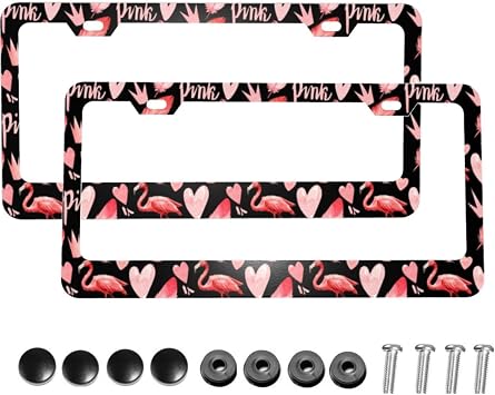 Dujiea 2 Pieces Cute Pink Flamingo Birds Aluminum Metal License Plate Frame with Screw Caps, 2 Holes License Plate Frame Car Tag Cover Holder for Us Standard Vehicles