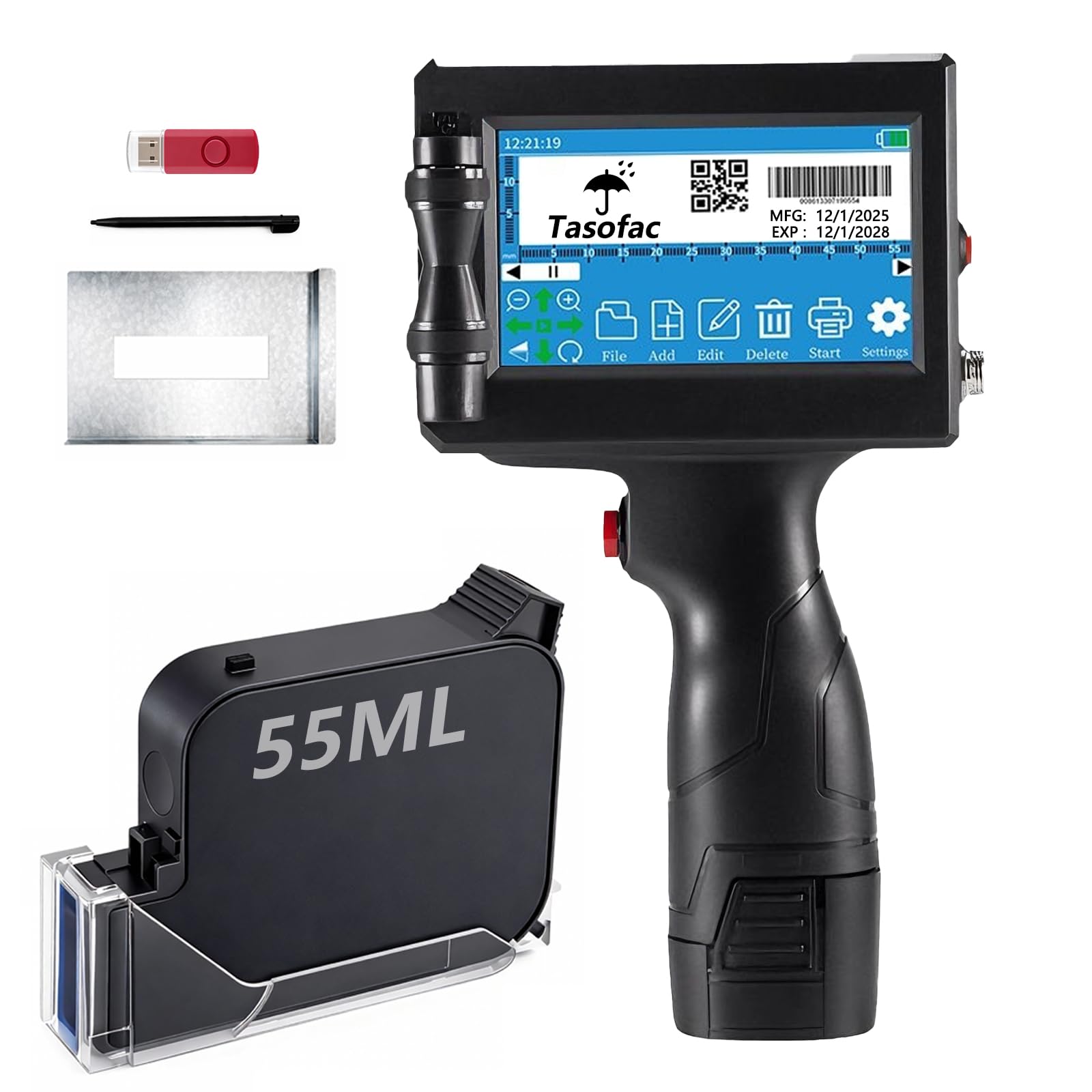 Impresora de inyección de tinta portátil, 【con 55 ml cartucho】, secado ultra rápido (<1s sobre cartón), 16H Autonomía, 1-4 líneas, altura 2-25,4 mm, 600 DPI 360 ° impresión QR/código de barras, fecha