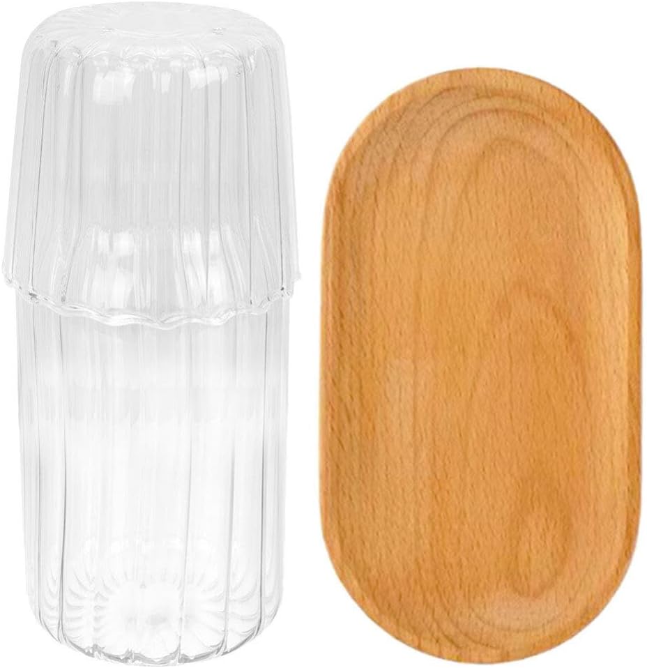 Clear Bedside Water Carafe Set with Tumbler Glass Wood Tray Water Jug Glass Container Decanter Night Water Carafe Juice Water Pitcher for Home Bathroom