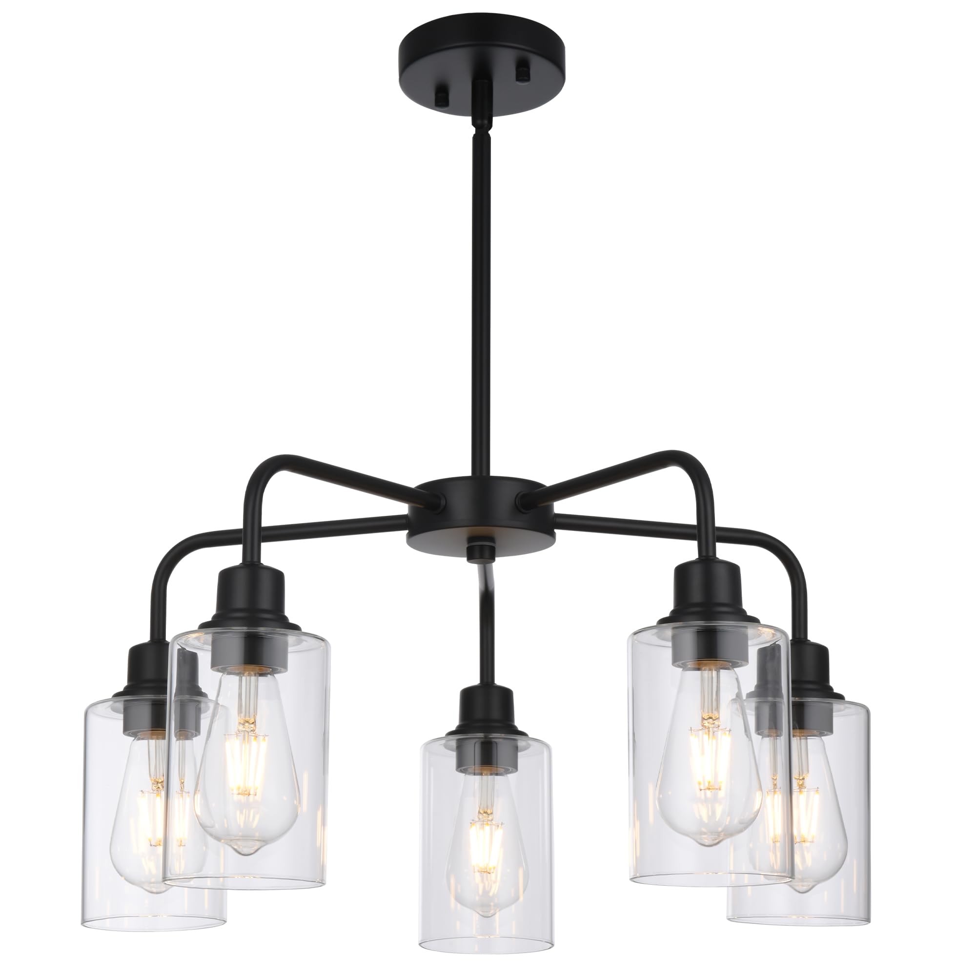 VINLUZ 5-Light Classic Black Dining Room Light Fixture, Modern Industrial Hanging Chandeliers with Clear Cylinder Glass Shades, Pendant Light Fixtures for Living Room, Kitchen, Foyer, Hallway