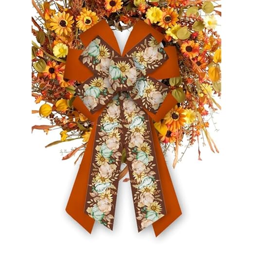 Large Fall Wreath Bow Thanksgiving Fall Bows for Wreath Velvet Orange Sunflower Pumpkin Bow for Thanksgiving Autumn Decor Front Door Indoor Outdoor Tree Topper Decoration Supplies