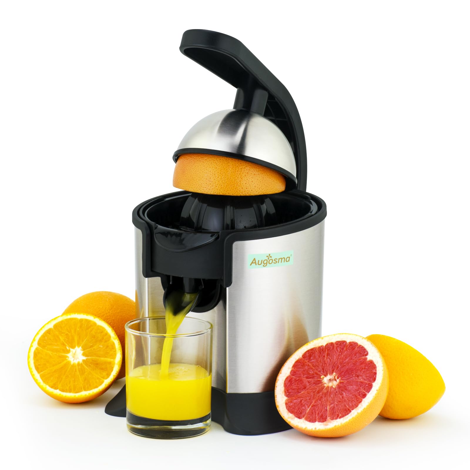 Exprimidor eléctrico, apto para naranjas, limones y pomelos, acero inoxidable cepillado, fácil de limpiar y usar (negro+plata)