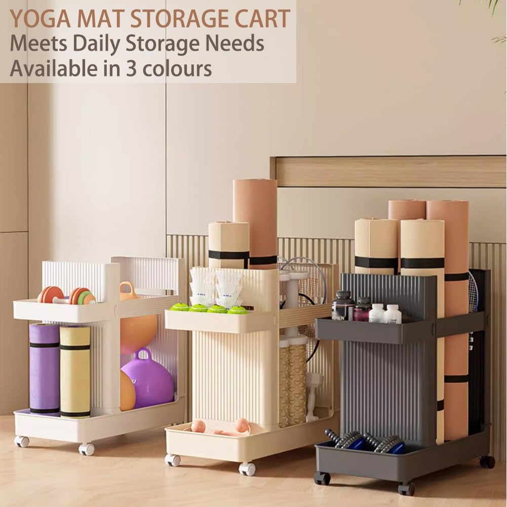 Carro de almacenamiento para gimnasio en casa con ruedas, soporte multifuncional para esterillas de yoga y organizador de equipos de entrenamiento para gimnasio en casa.