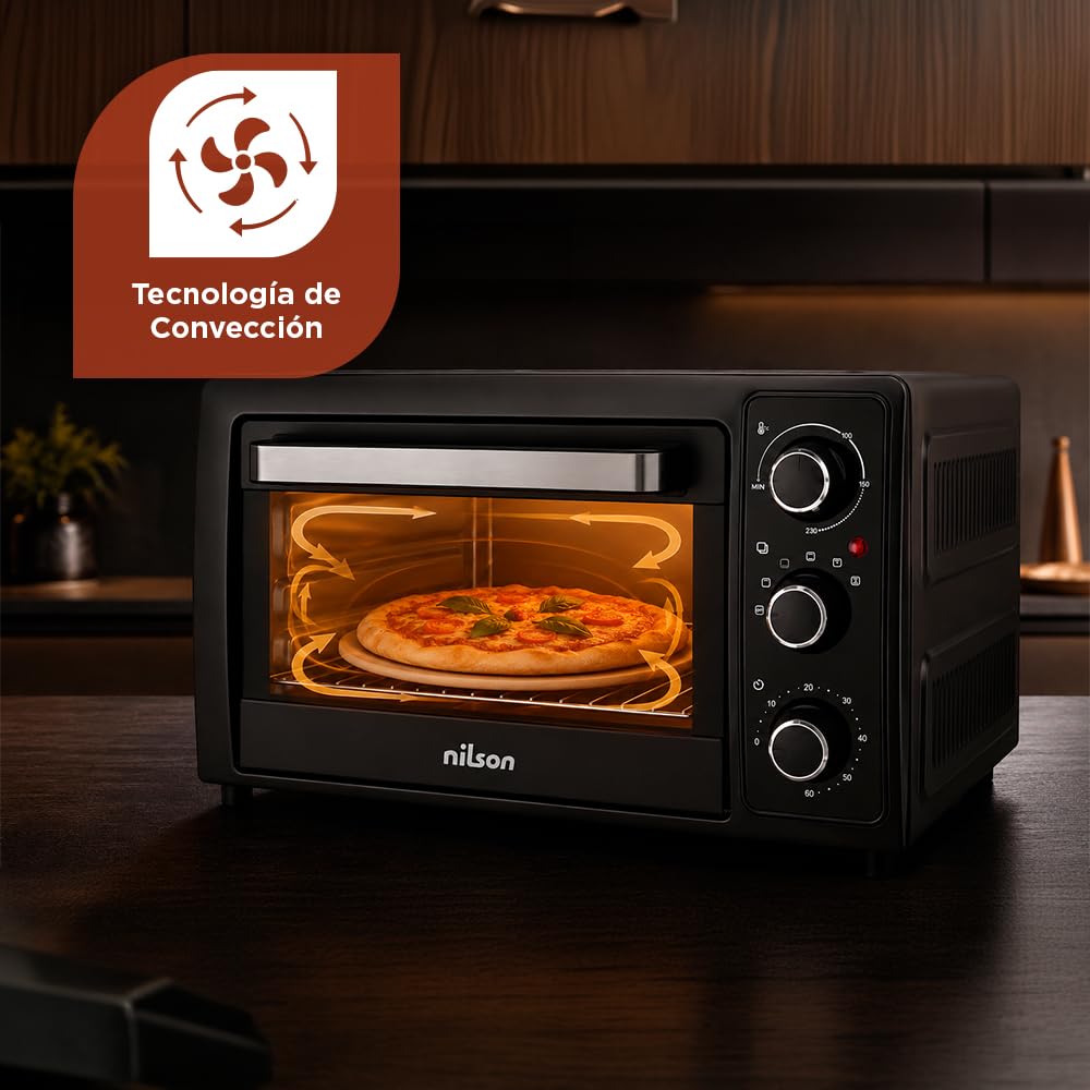 Four de table 48 l, convection, 5 fonctions de cuisson, 2000 W, contrôle mécanique, température max 230°, minuterie 60 min, avec plateau, grille métallique et pierre à pizza