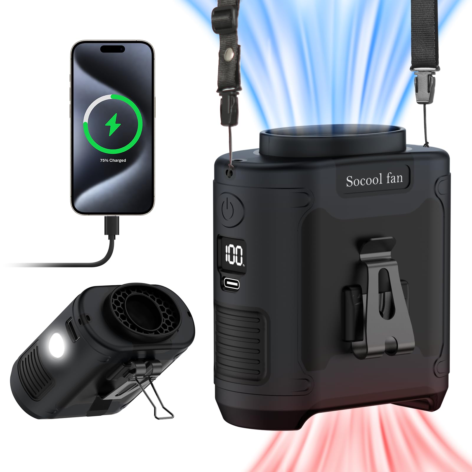 Socool 10000mAh Portable Waist Fan Clip on Wearable Belt Personal Fan Rechargeable Battery operated With 5 Speeds & Flashlight Neck Hands-Free 40H Cooling For Outdoor Camping Travel (Black)