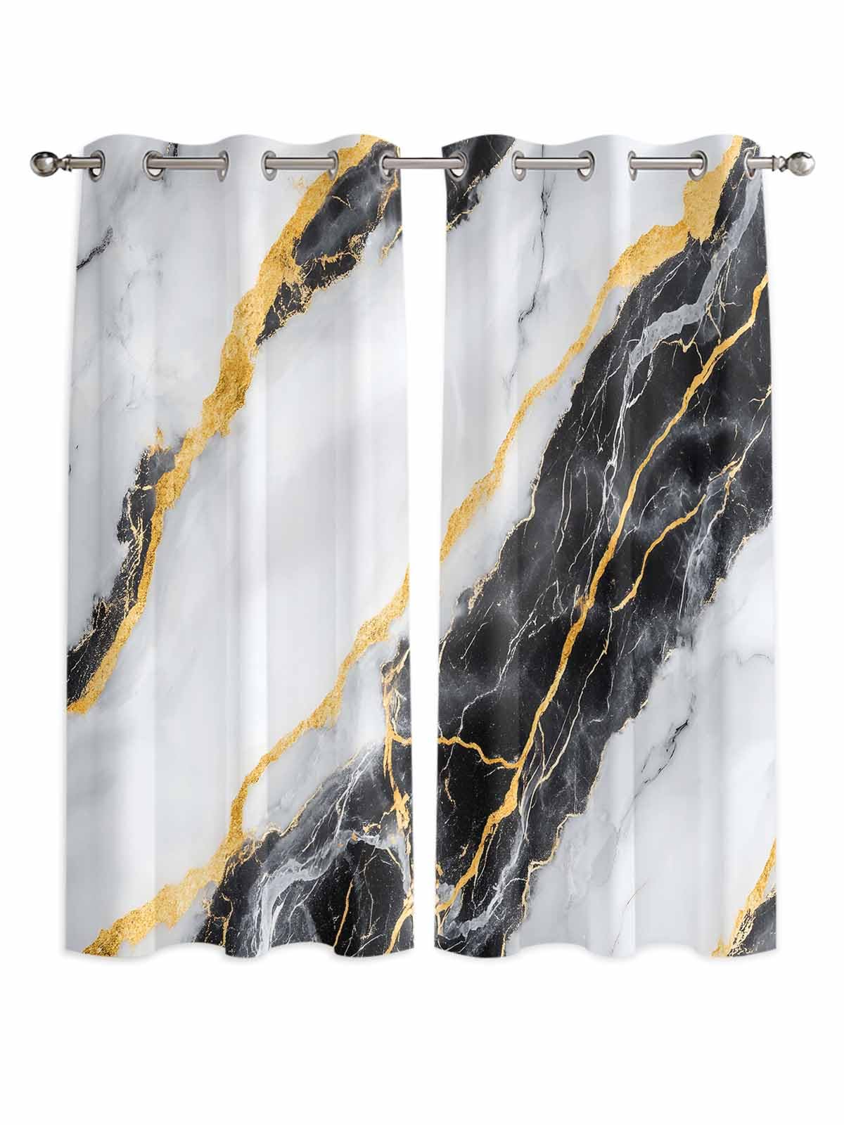 Marble Black Window Curtains Panels with Silver Grommet,Gold Foil Ceramic Style Cracks Scratches Kitchen Cafe Curtain Draperies Window Treatment Set for Living Room/Bedroom/Bathroom/Cafe,84x84