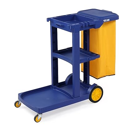 TUFFIOM Commercial Traditional Cleaning 3-Shelf Janitorial Cart, 500 Lbs Capacity Housekeeping Cart, Wheeled with Yellow VinylBag and Cover w Lid, Blue,