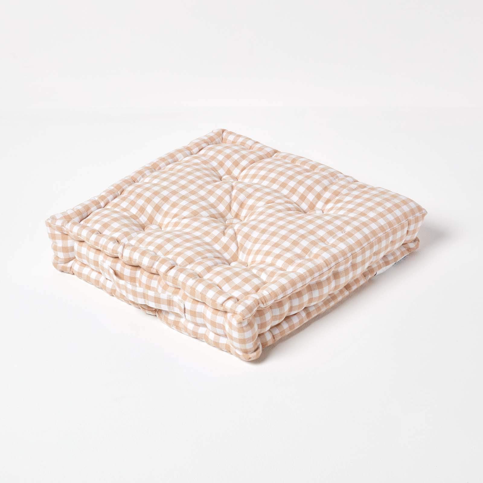 Homescapes Unisex Beige Cotton Gingham Check Floor Cushion In | Size: 50Cm X 50Cm