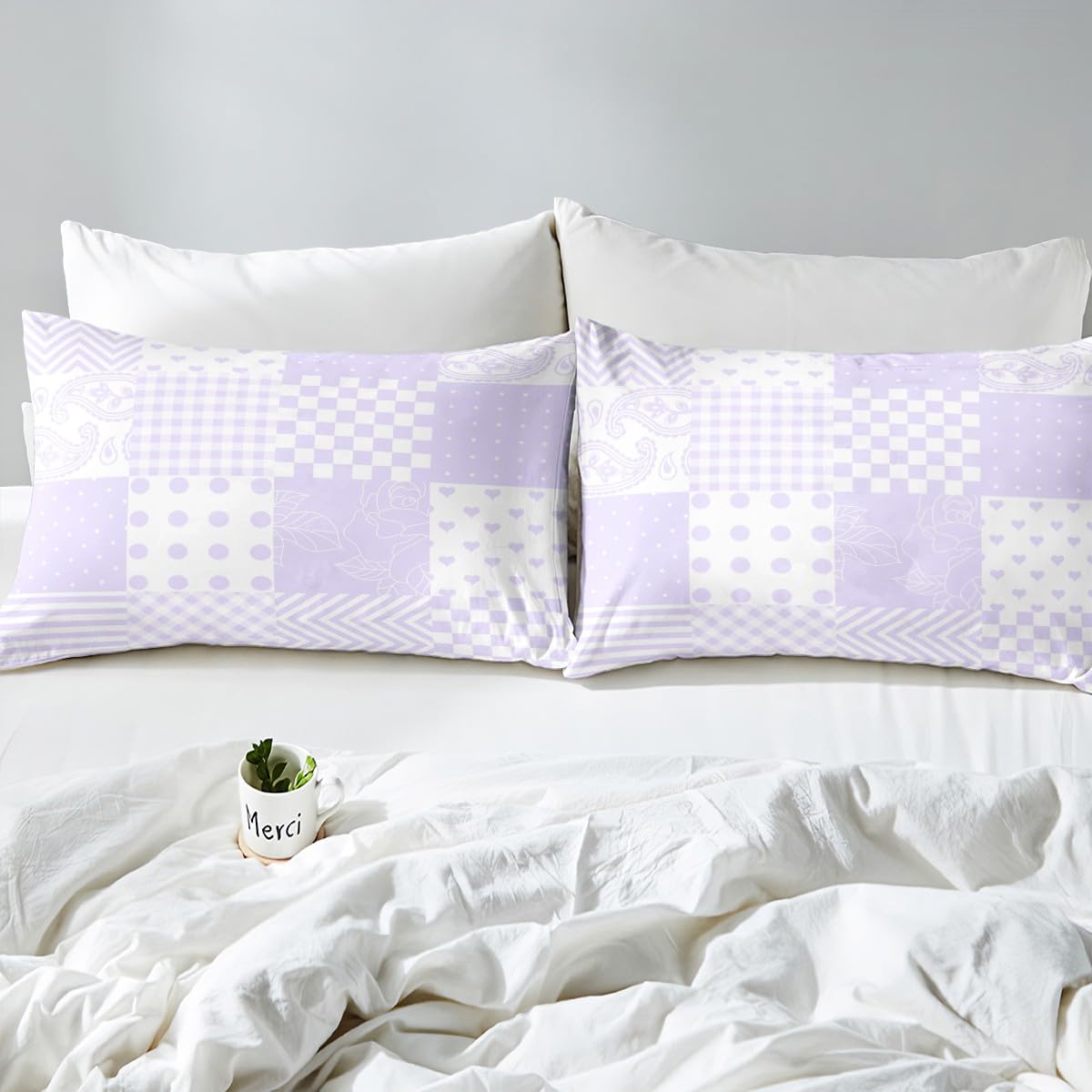 Manfei Purple Plaid Duvet Cover Set Single Size, Paisley Floral Hearts Print Comforter Cover with 1 Pillowcase - Image 4