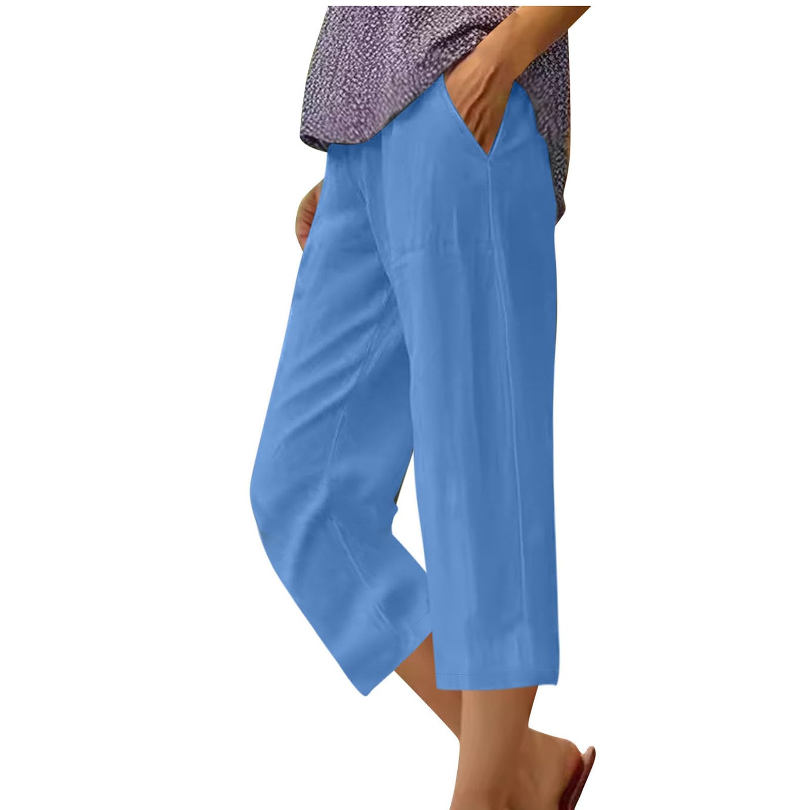 Bidobibo Womens Linen Pants Capri Straight Leg Trousers High Waisted Elastic Waist Pants for Women Summer Beach Trousers
